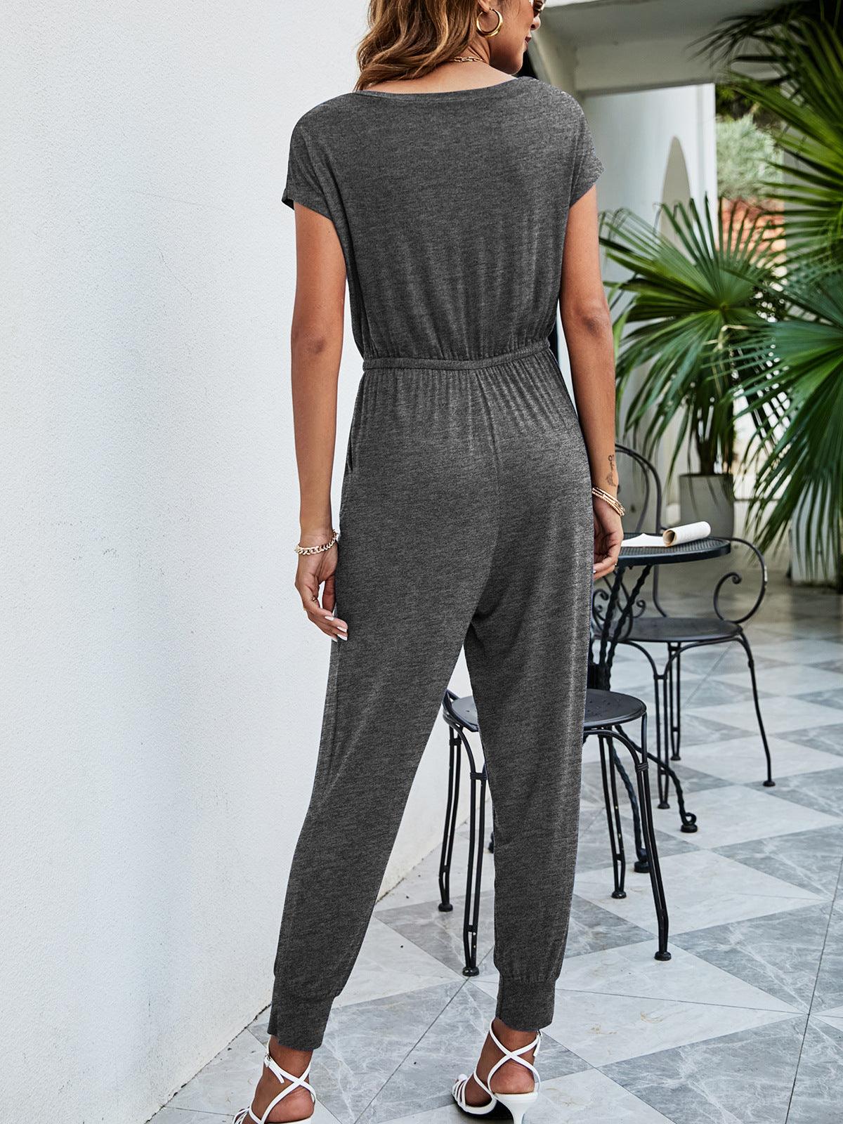 Get trendy with Drawstring Waist Short Sleeve Jogger Jumpsuit - Jumpsuits available at Styles Code. Grab yours today!
