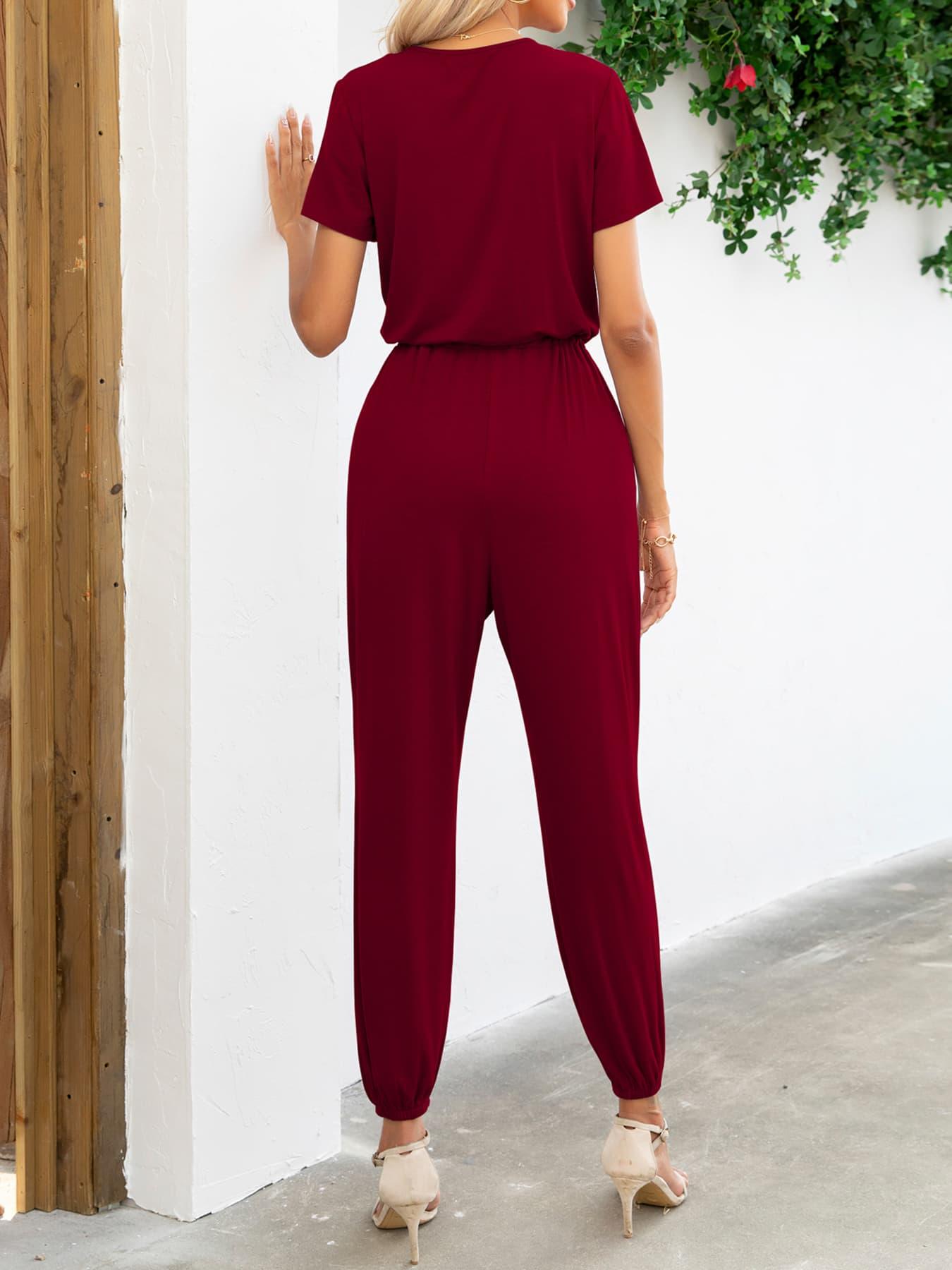 Get trendy with Short Sleeve V-Neck Jumpsuit with Pockets - Jumpsuits available at Styles Code. Grab yours today!