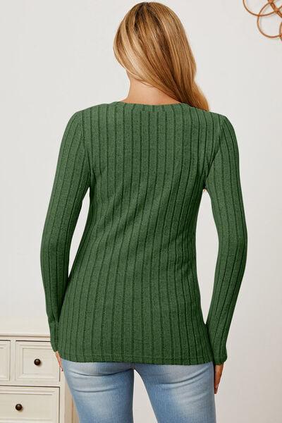 Get trendy with Basic Bae Full Size Ribbed V-Neck Long Sleeve T-Shirt - available at Styles Code. Grab yours today!