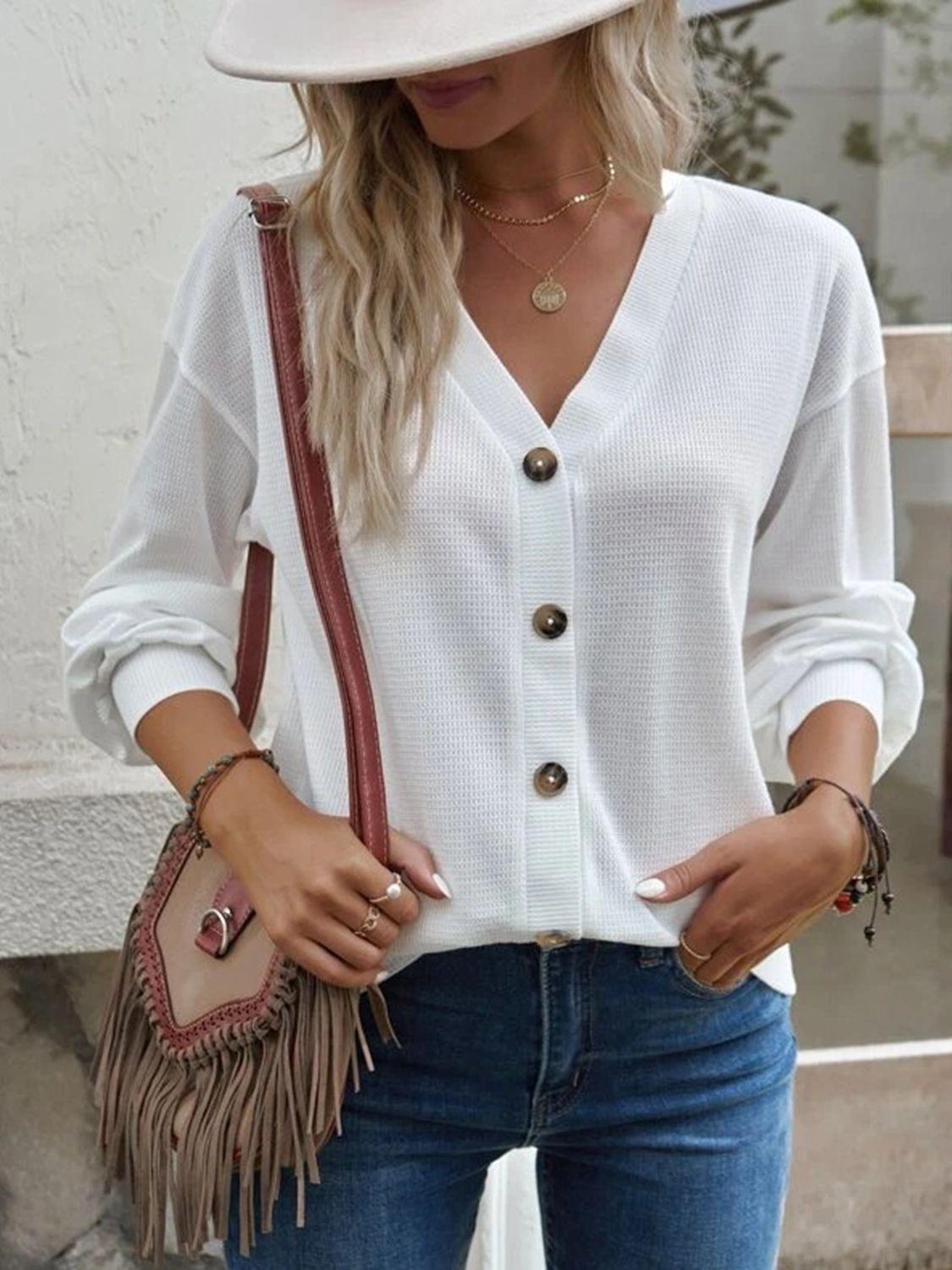 Get trendy with V-Neck Dropped Shoulder Blouse - Tops available at Styles Code. Grab yours today!
