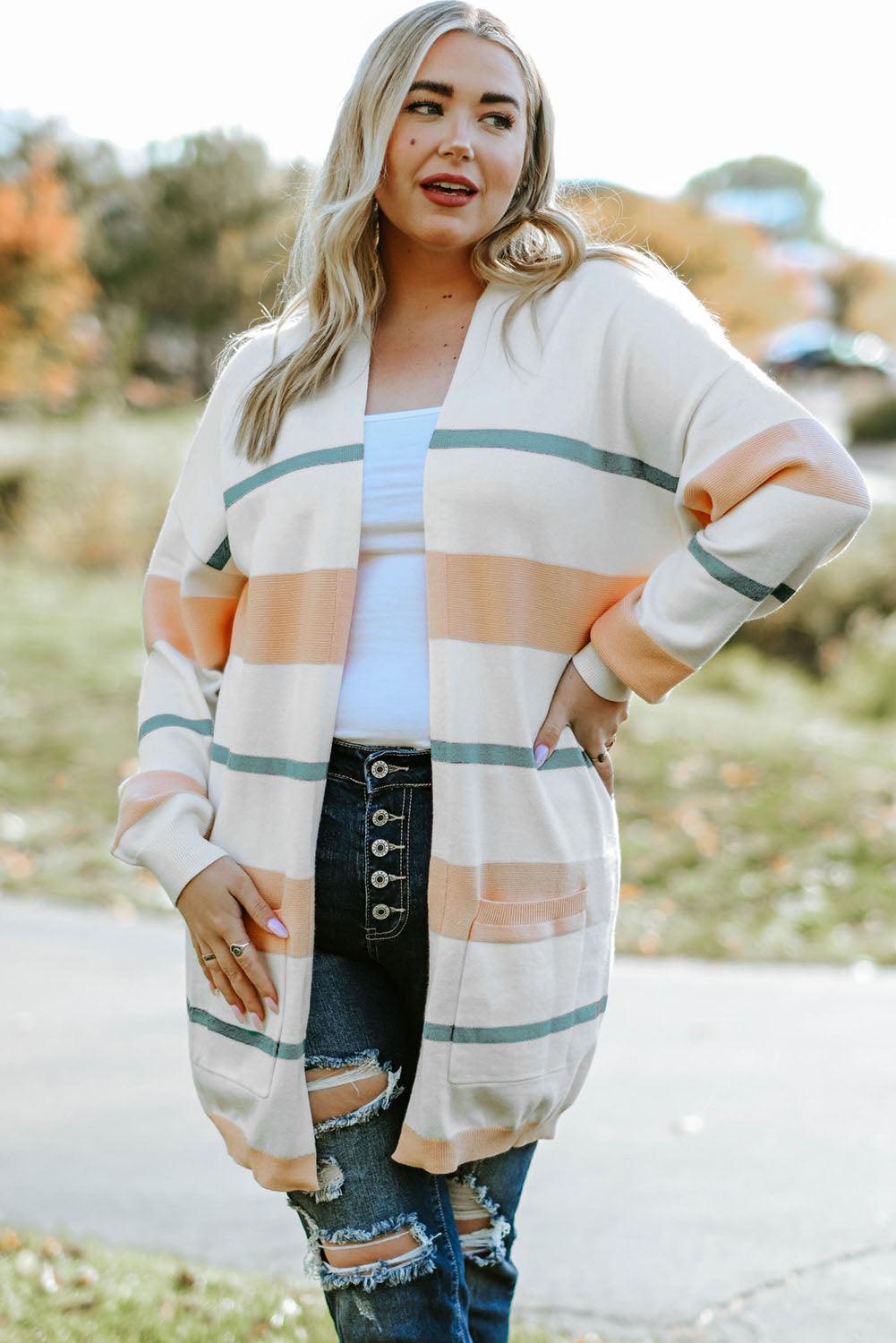 Get trendy with Plus Size Striped Open Front Cardigan - Plus Size available at Styles Code. Grab yours today!