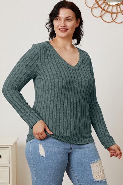 Get trendy with Full Size Ribbed V-Neck Long Sleeve T-Shirt - available at Styles Code. Grab yours today!
