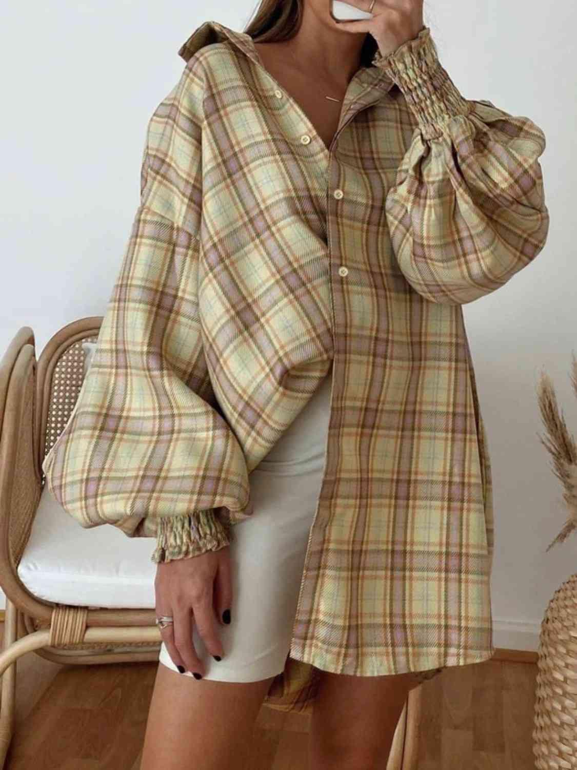 Get trendy with Plaid Lantern Sleeve Shirt - Shirt available at Styles Code. Grab yours today!