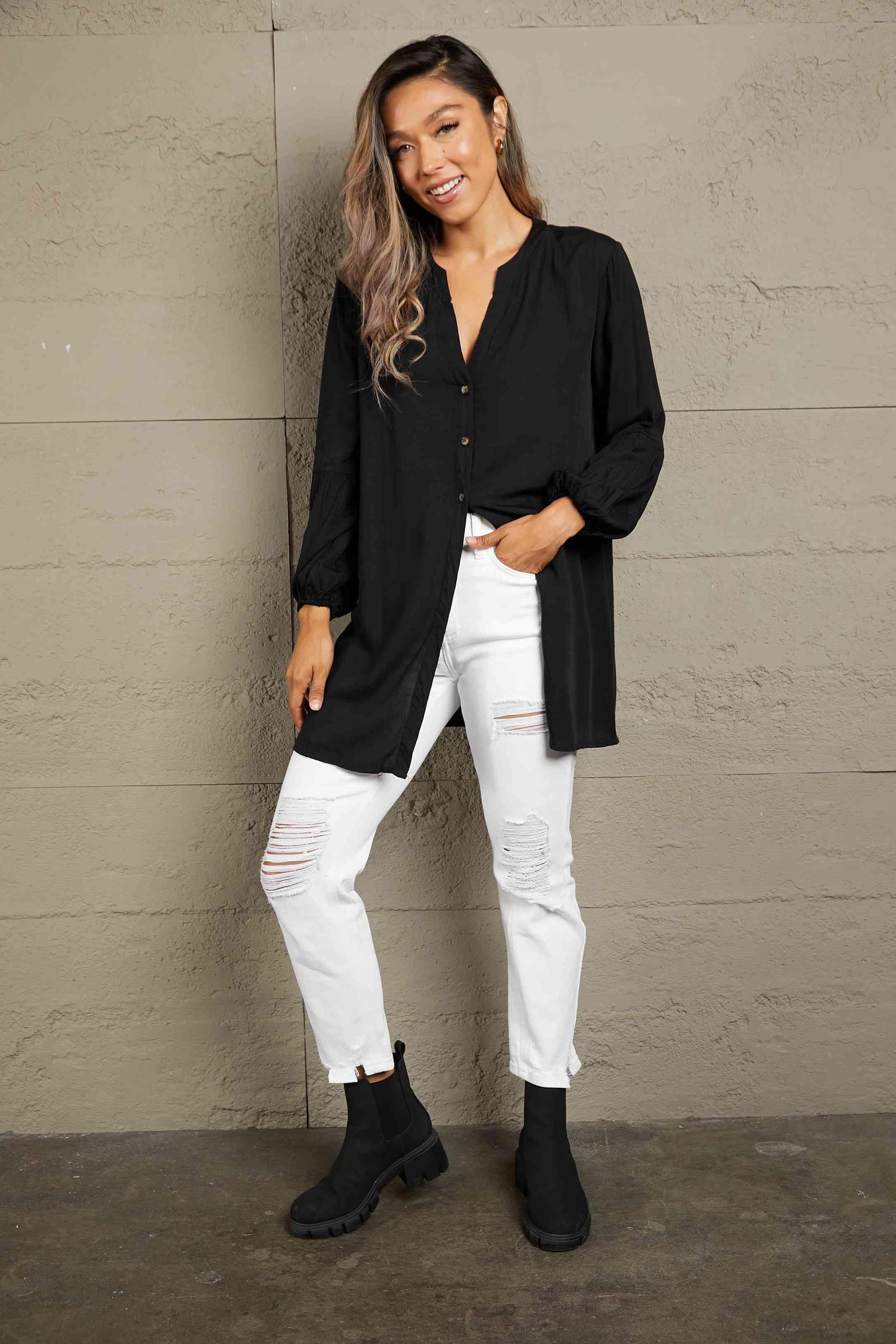 Get trendy with Notched Neck Balloon Sleeve Shirt - Shirt available at Styles Code. Grab yours today!
