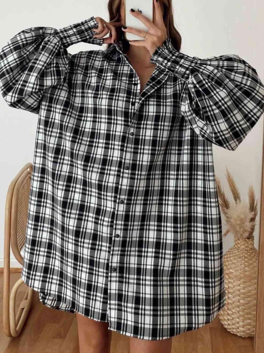 Get trendy with Plaid Lantern Sleeve Shirt - Shirt available at Styles Code. Grab yours today!