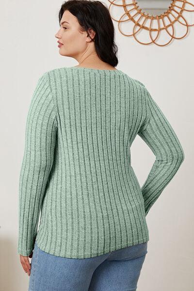 Get trendy with Full Size Ribbed V-Neck Long Sleeve T-Shirt - available at Styles Code. Grab yours today!