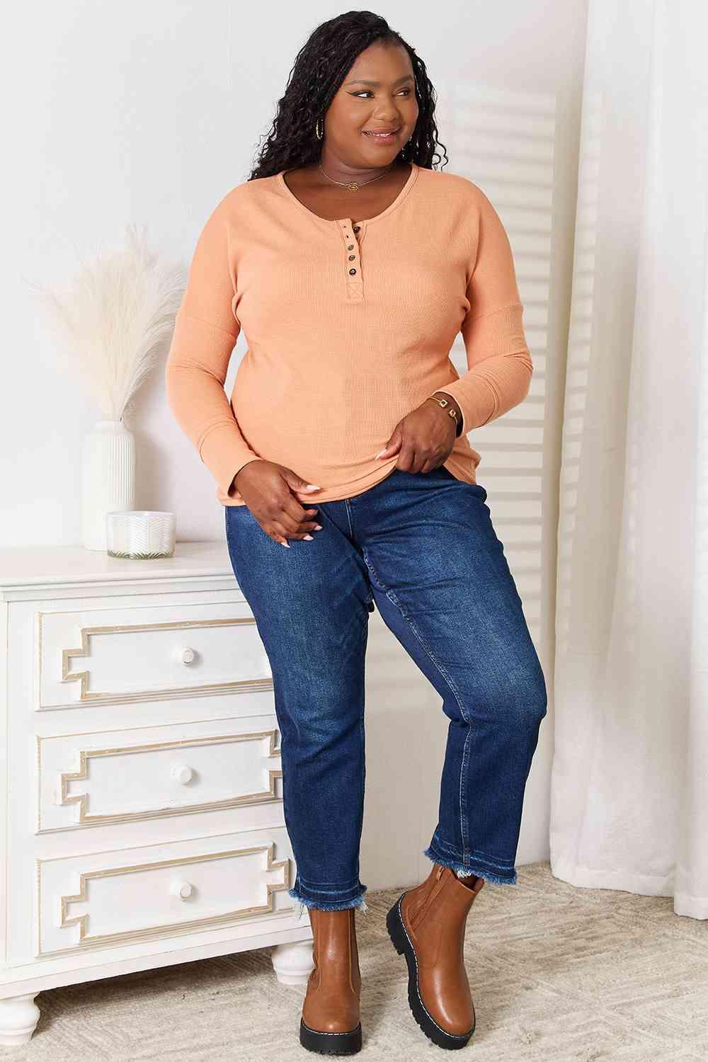 Get trendy with Half Button Long Sleeve Top - Tops available at Styles Code. Grab yours today!