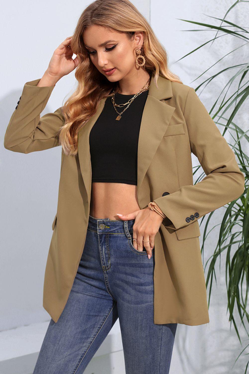Get trendy with Lapel Neck Long Sleeve Blazer with Pockets - Blazers available at Styles Code. Grab yours today!