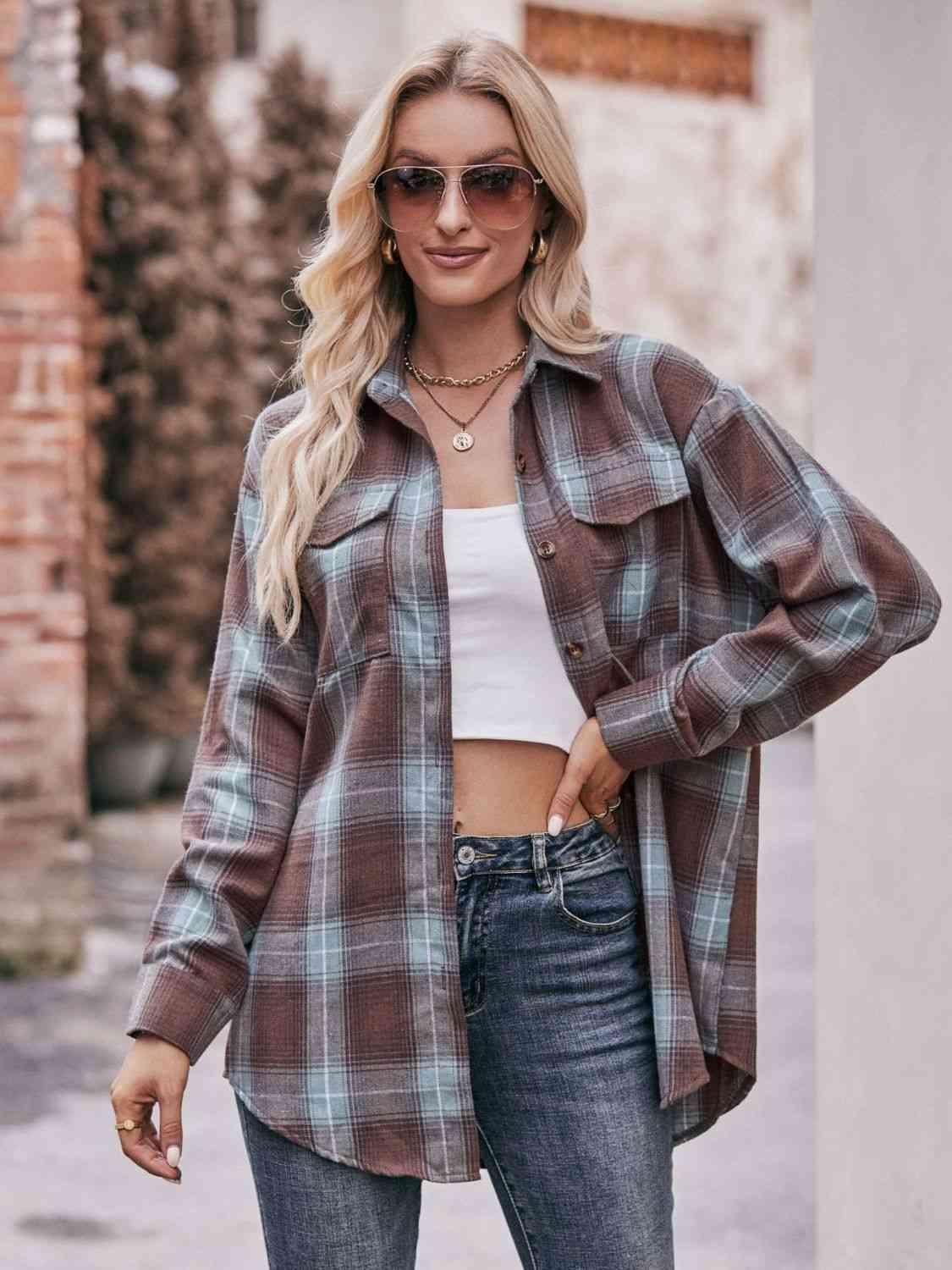 Get trendy with Plaid Dropped Shoulder Longline Shirt - Shirt available at Styles Code. Grab yours today!