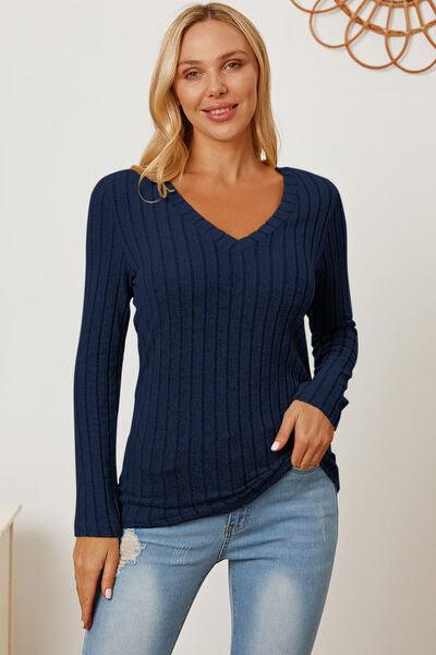 Get trendy with Full Size Ribbed V-Neck Long Sleeve T-Shirt - available at Styles Code. Grab yours today!