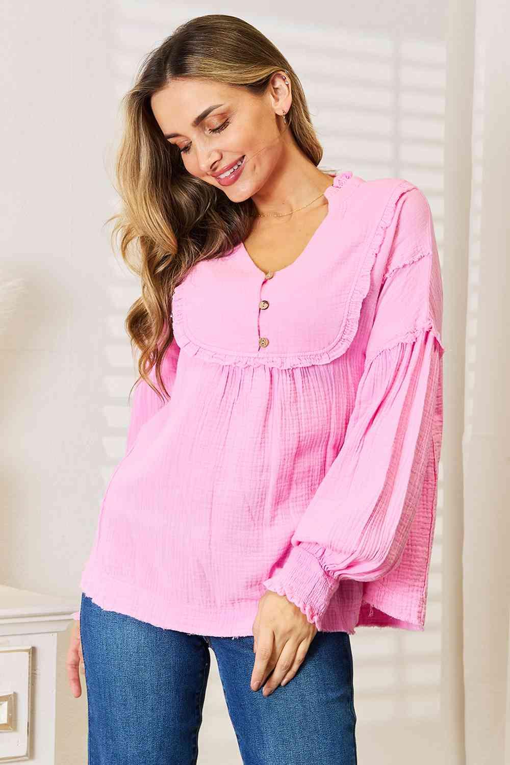 Get trendy with Exposed Seam Buttoned Notched Neck Blouse - Tops available at Styles Code. Grab yours today!