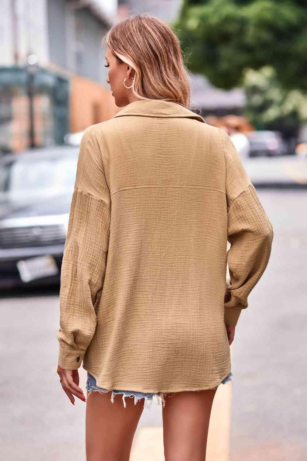 Get trendy with Textured Dropped Shoulder Longline Shirt - Shirt available at Styles Code. Grab yours today!