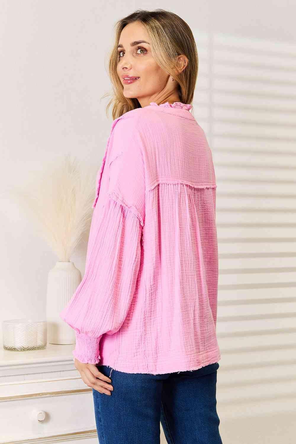 Get trendy with Exposed Seam Buttoned Notched Neck Blouse - Tops available at Styles Code. Grab yours today!
