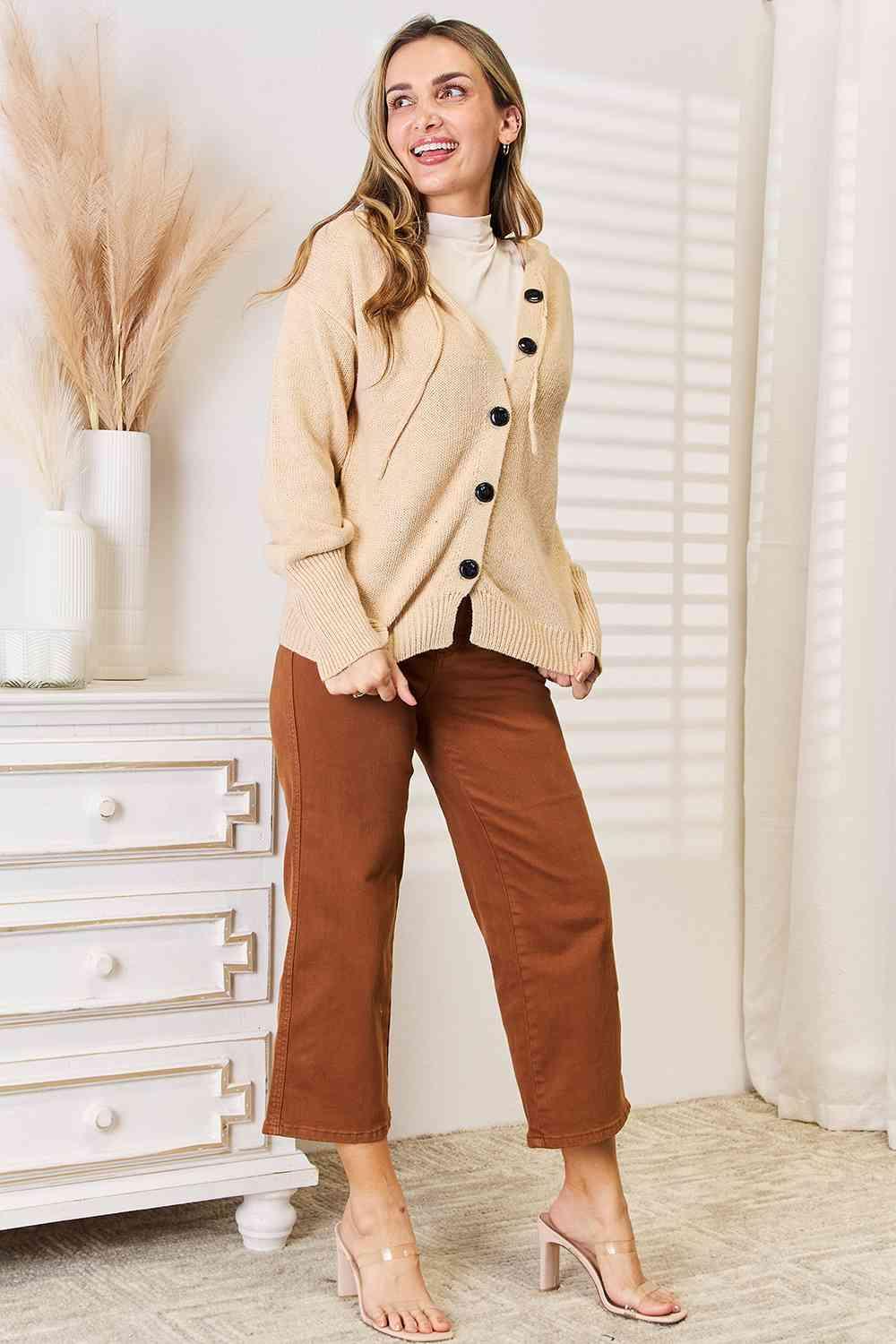 Get trendy with Button-Down Long Sleeve Hooded Sweater - Sweater available at Styles Code. Grab yours today!
