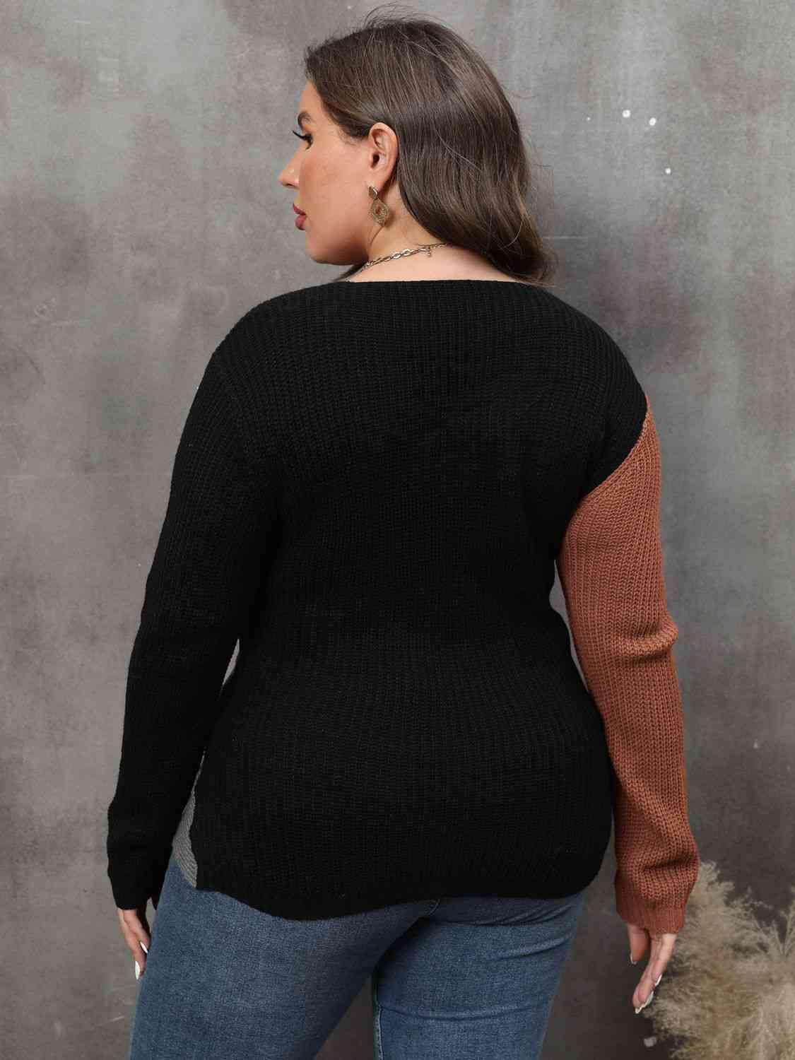 Get trendy with Plus Size Two-Tone Surplice Neck Sweater - Sweater available at Styles Code. Grab yours today!