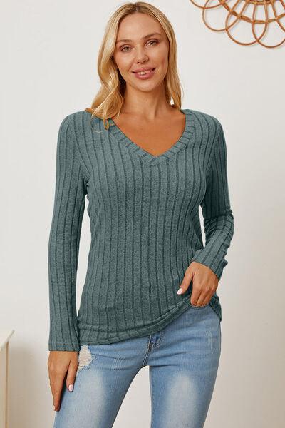 Get trendy with Full Size Ribbed V-Neck Long Sleeve T-Shirt - available at Styles Code. Grab yours today!