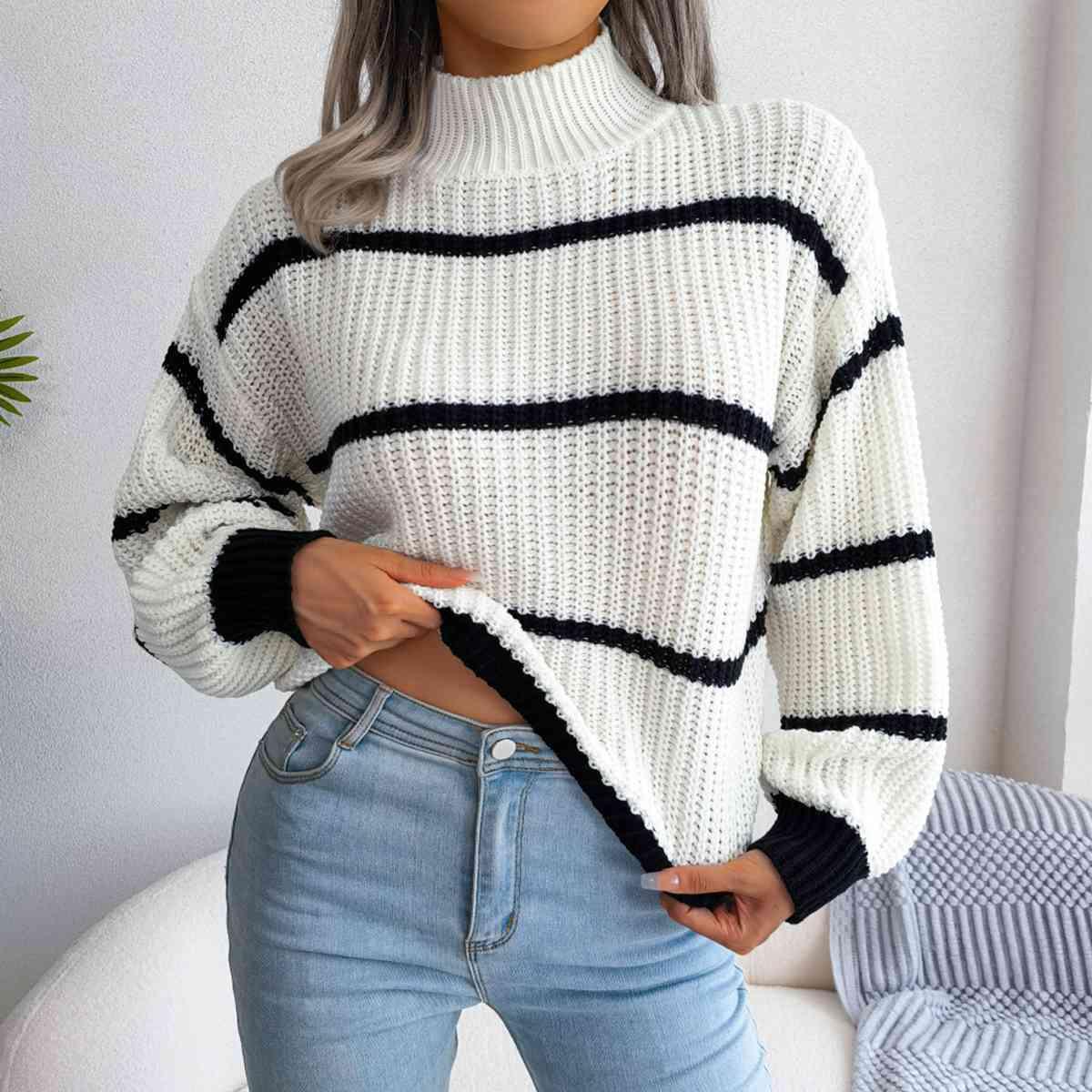 Get trendy with Striped Mock Neck Dropped Shoulder Sweater - Sweater available at Styles Code. Grab yours today!