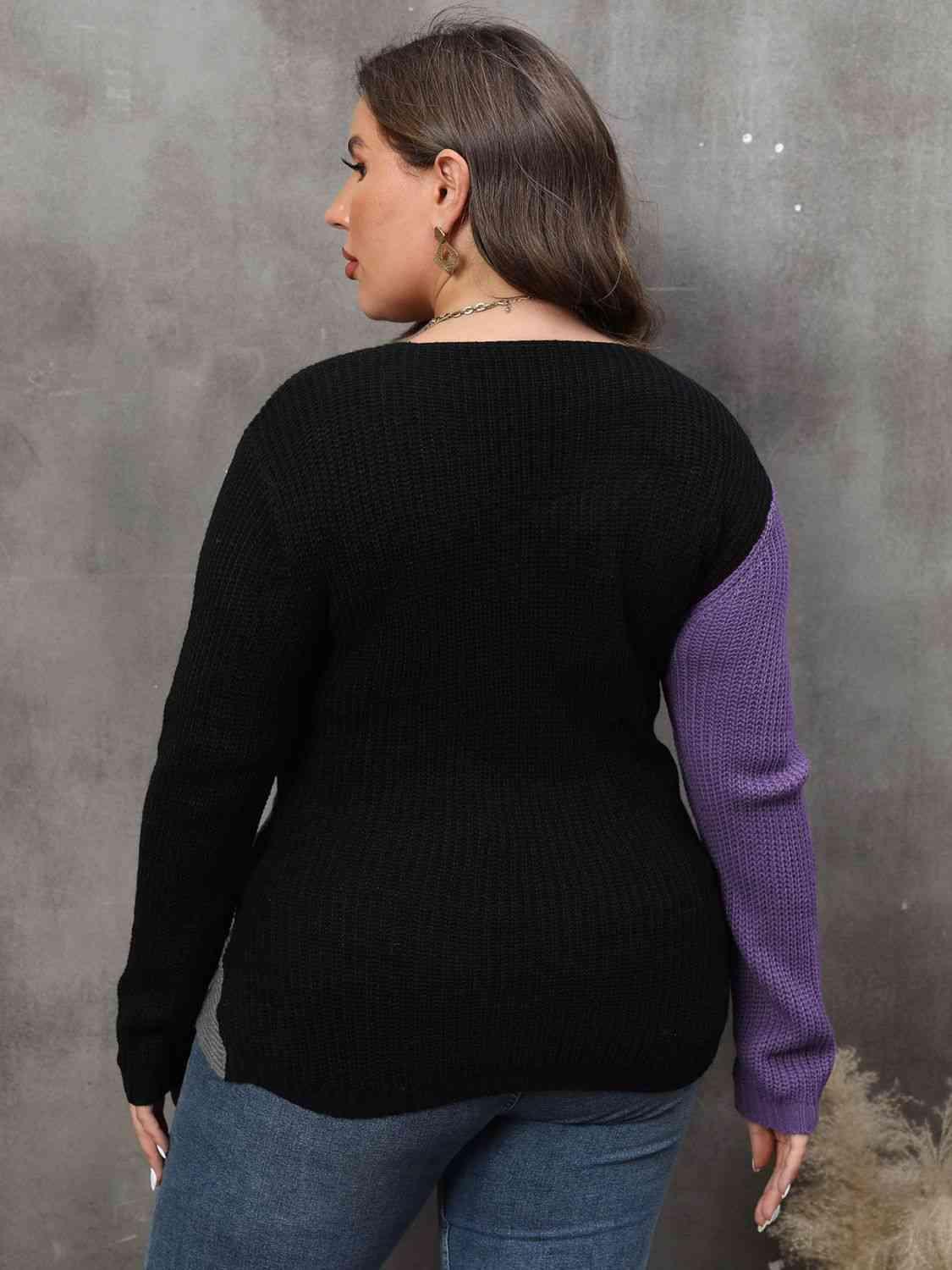 Get trendy with Plus Size Two-Tone Surplice Neck Sweater - Sweater available at Styles Code. Grab yours today!