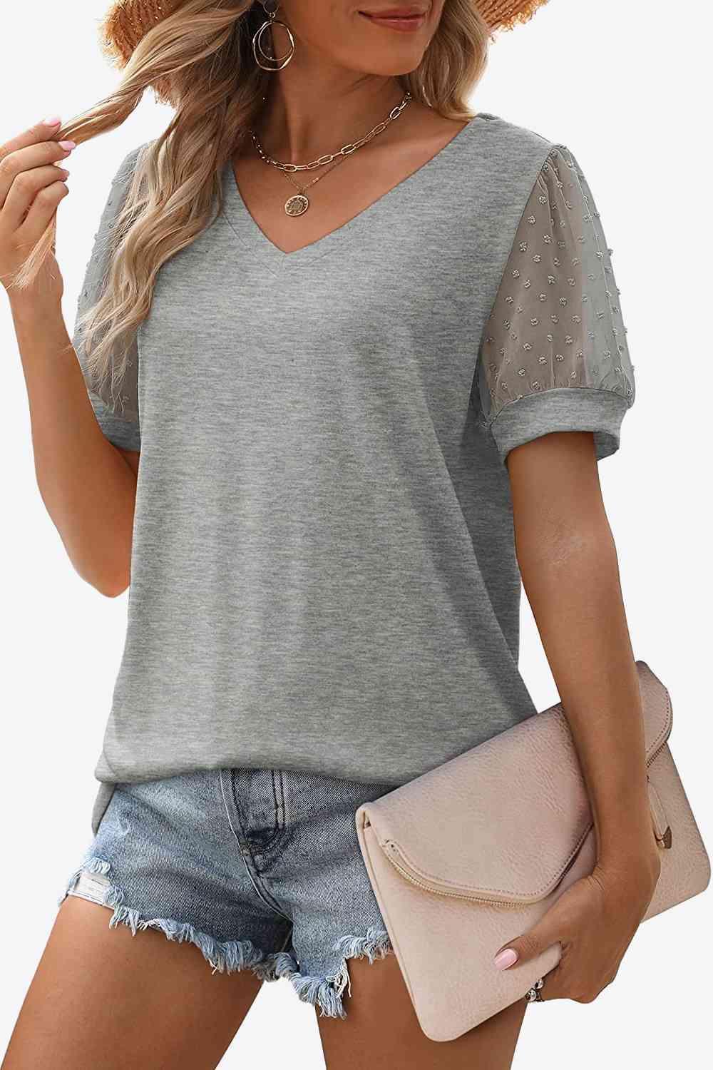 Get trendy with Swiss Dot Puff Sleeve V-Neck Tee - T-Shirt available at Styles Code. Grab yours today!