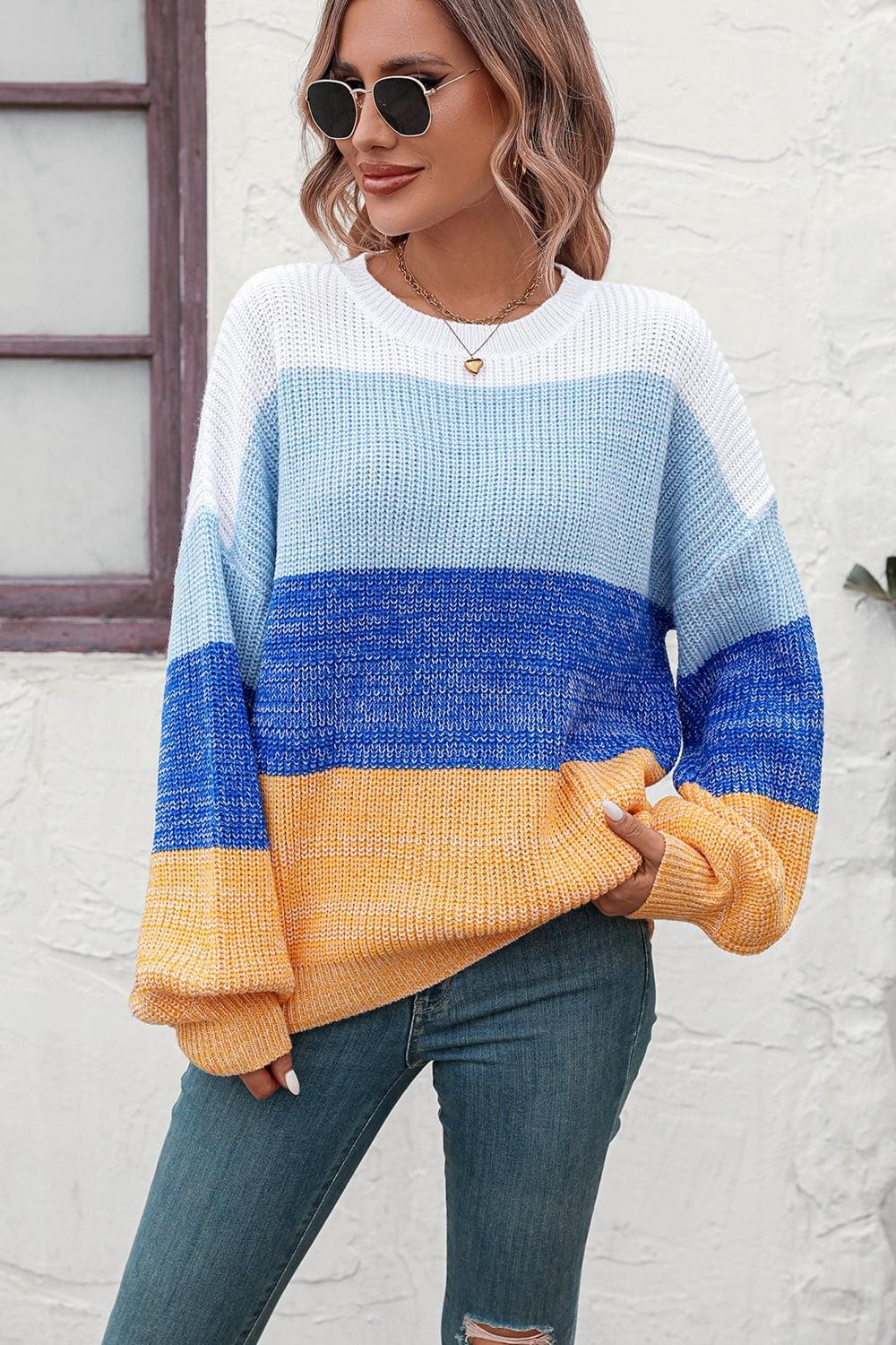 Get trendy with Round Neck Color Block Ribbed Pullover Sweater - Tops available at Styles Code. Grab yours today!