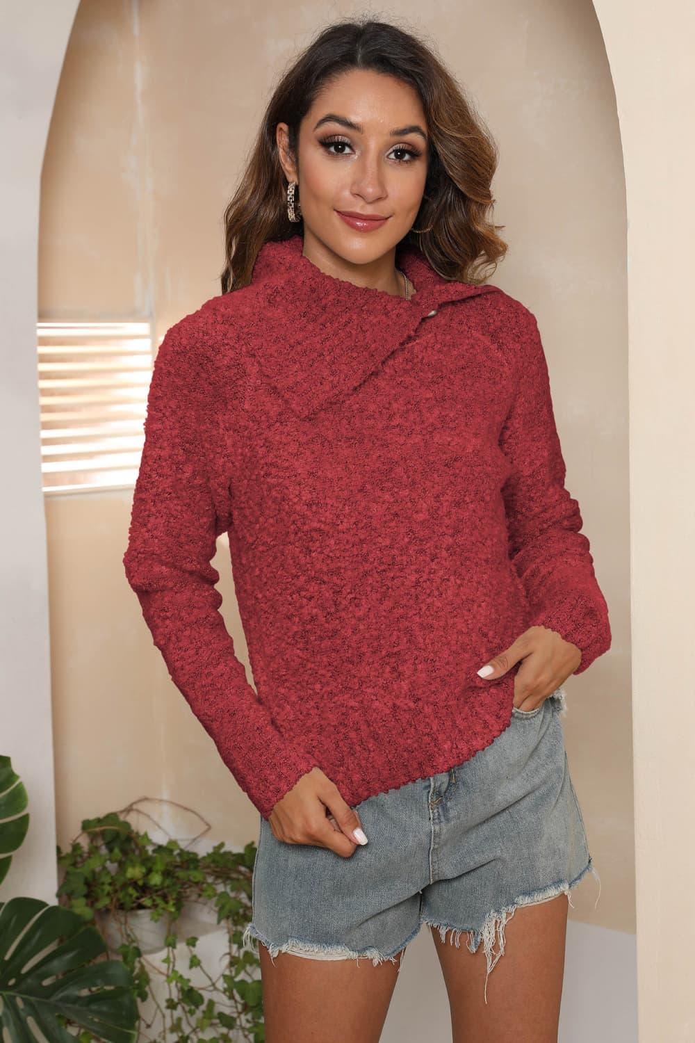 Get trendy with Asymmetrical Neck Long Sleeve Pullover Sweater - Sweater available at Styles Code. Grab yours today!
