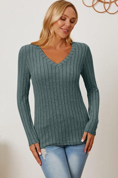 Get trendy with Full Size Ribbed V-Neck Long Sleeve T-Shirt - available at Styles Code. Grab yours today!