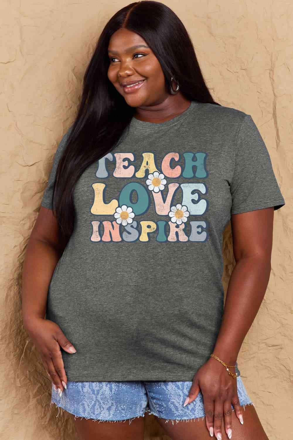 Get trendy with Full Size TEACH LOVE INSPIRE Graphic Cotton T-Shirt - T-Shirt available at Styles Code. Grab yours today!