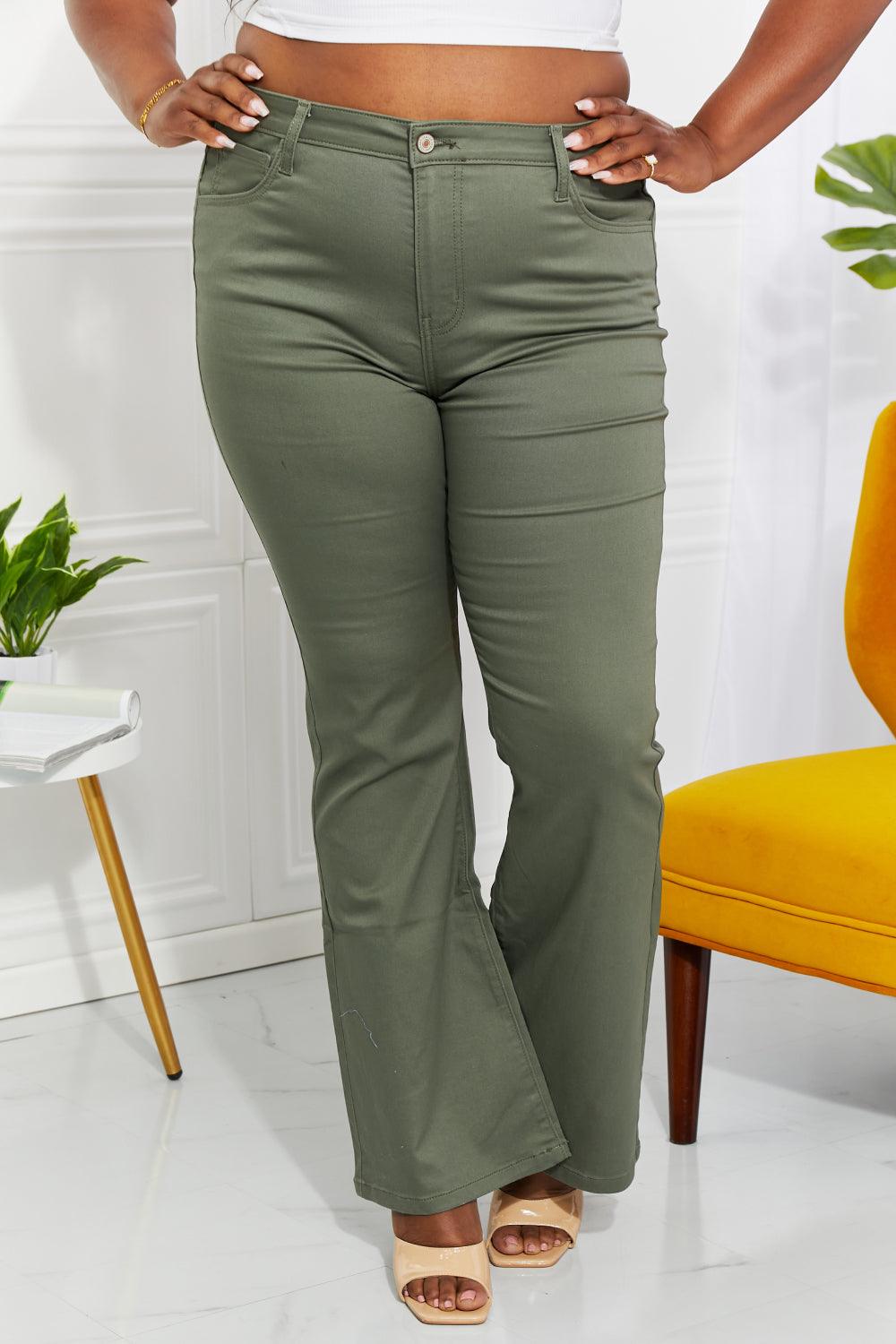 Get trendy with Full Size High-Rise Bootcut Jeans in Olive - Jeans available at Styles Code. Grab yours today!