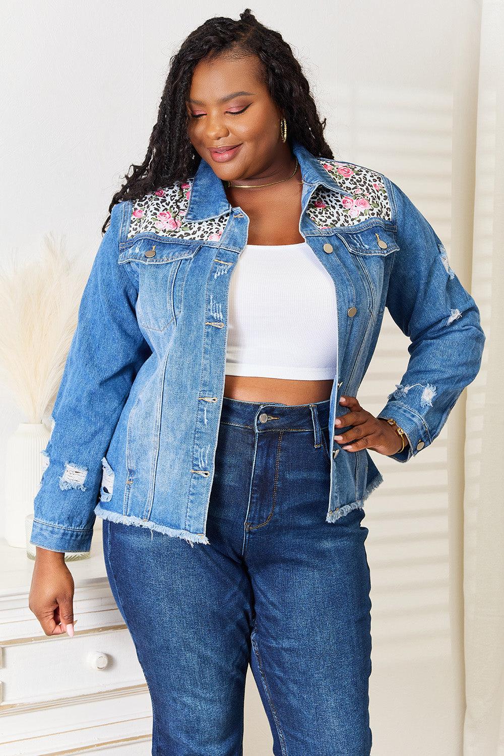Get trendy with Floral Distressed Denim Jacket - Denim Jacket available at Styles Code. Grab yours today!