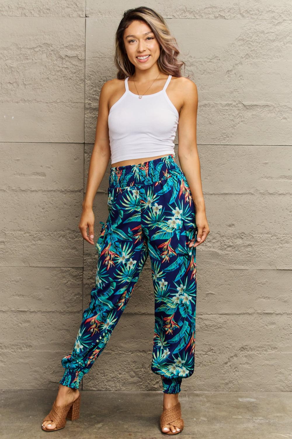 Get trendy with Smocked Plant Print Long Pants - Bottoms available at Styles Code. Grab yours today!