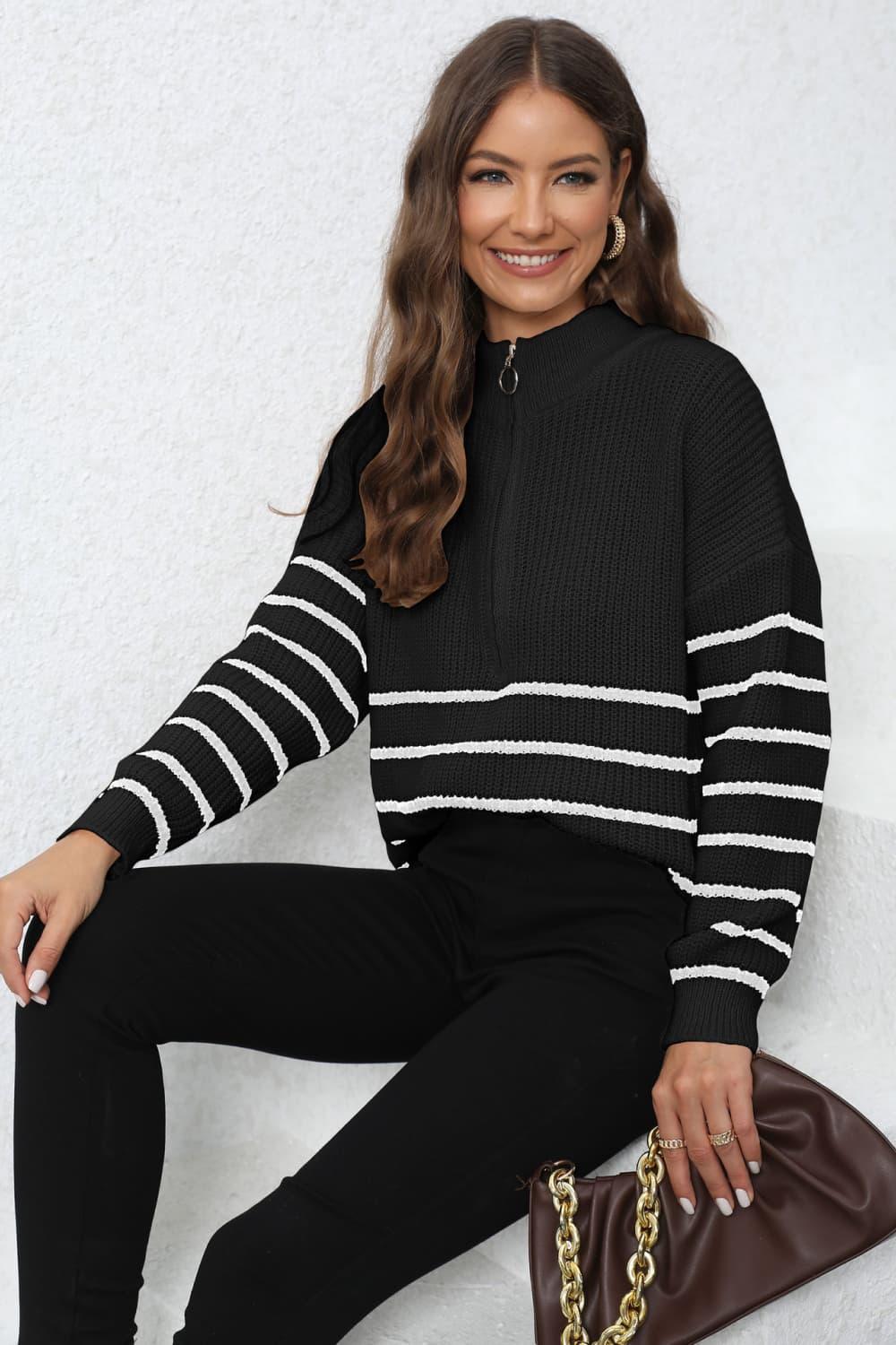 Get trendy with Mock Neck Long Sleeve Zip-Up Sweater - Sweater available at Styles Code. Grab yours today!