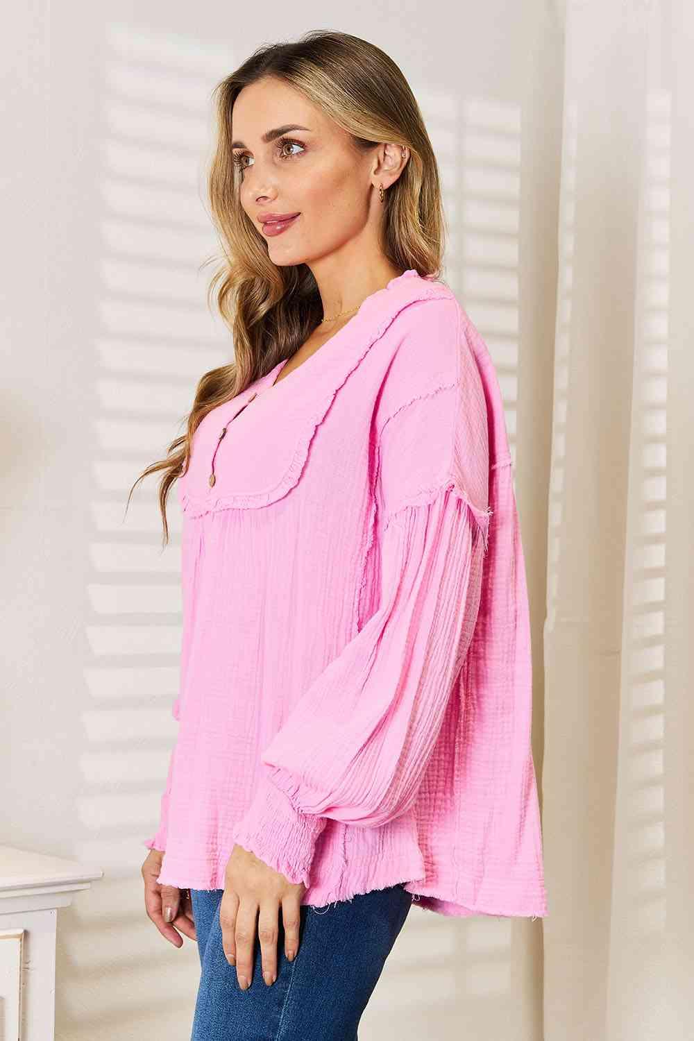 Get trendy with Exposed Seam Buttoned Notched Neck Blouse - Tops available at Styles Code. Grab yours today!