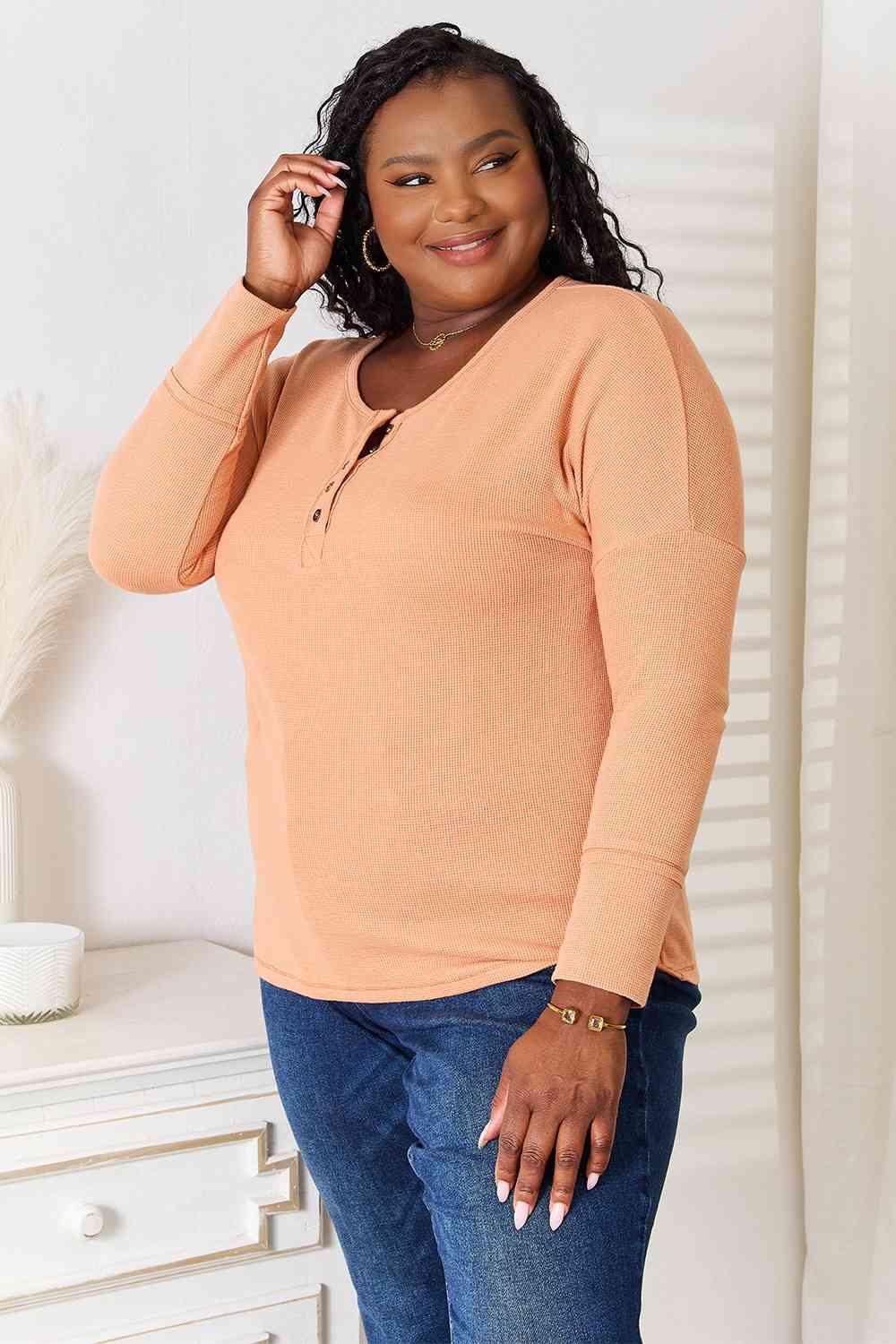 Get trendy with Half Button Long Sleeve Top - Tops available at Styles Code. Grab yours today!