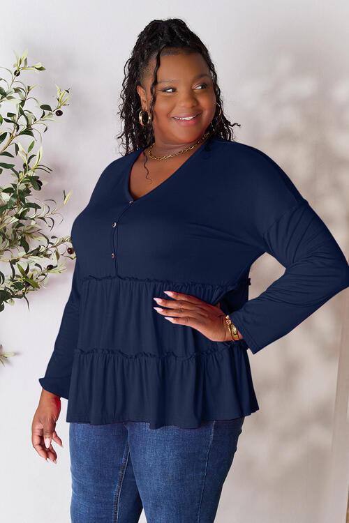 Get trendy with Half Button Ruffle Hem Blouse - Blouse available at Styles Code. Grab yours today!