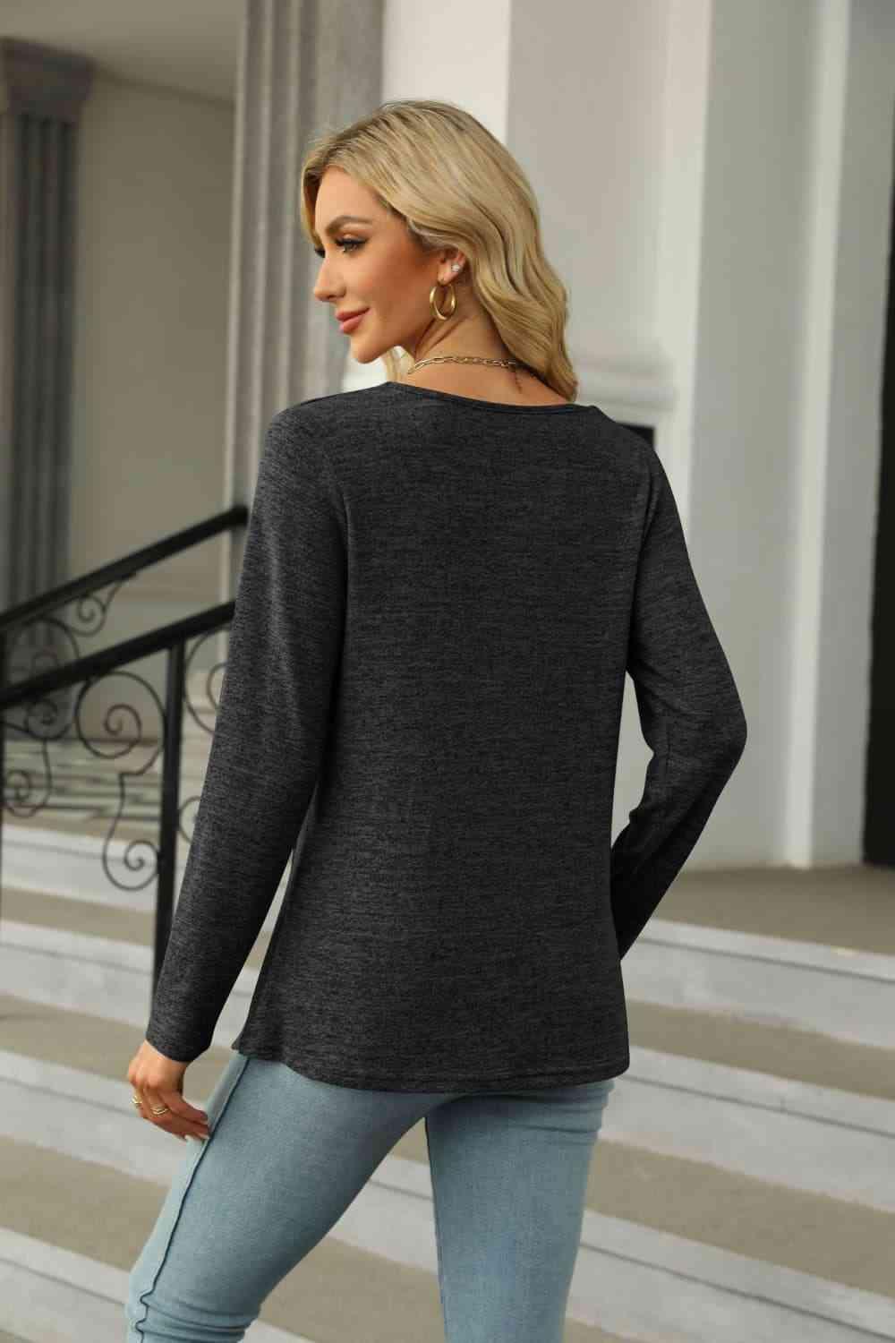 Get trendy with Square Neck Long Sleeve Slit T-Shirt - T-Shirt available at Styles Code. Grab yours today!
