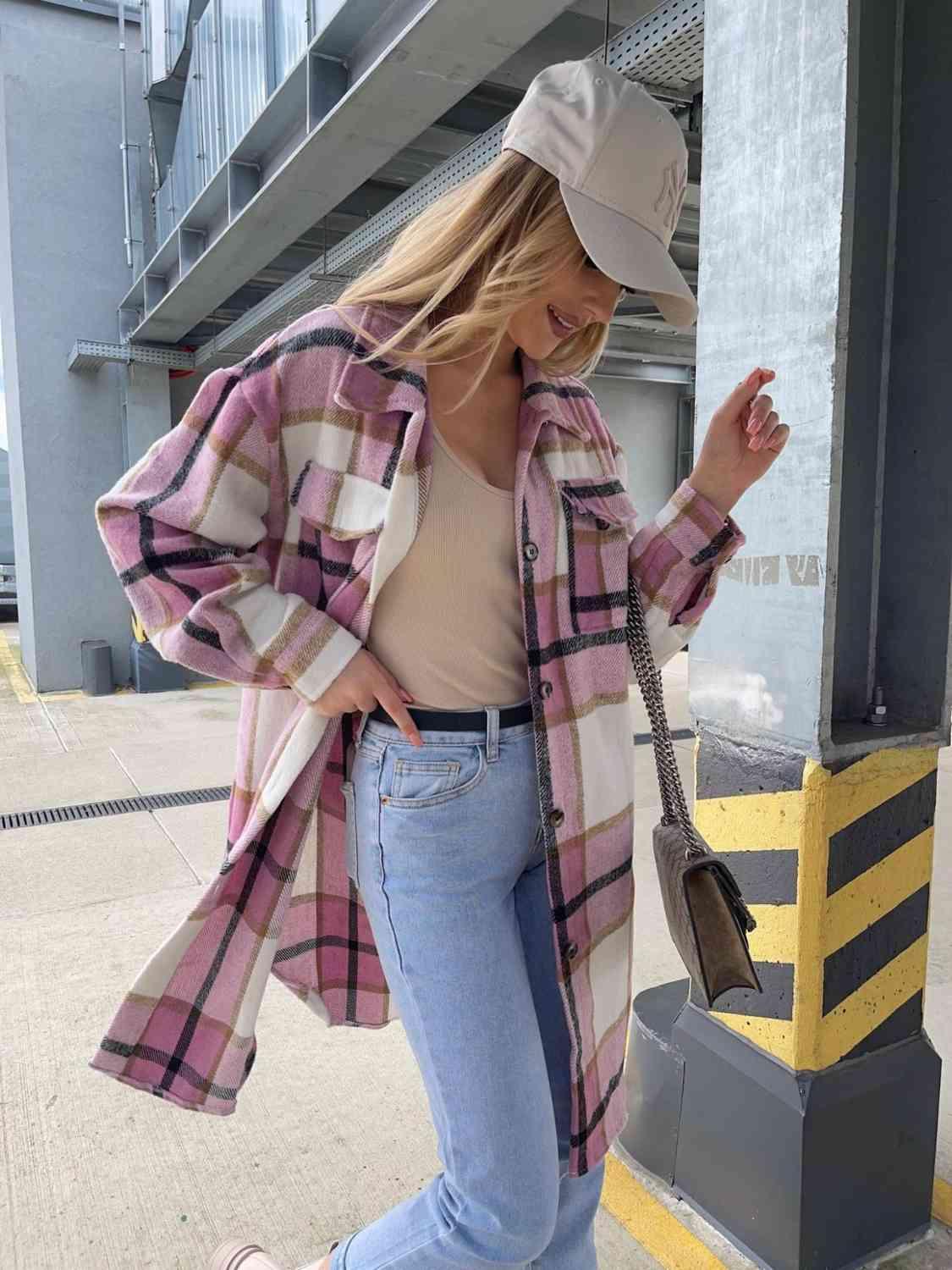 Get trendy with Plaid Collared Neck Longline Shirt - Shirt available at Styles Code. Grab yours today!