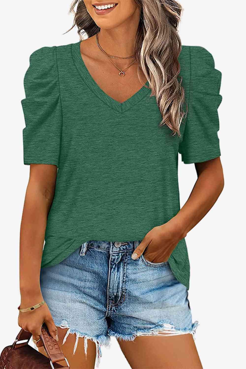 Get trendy with V-Neck Puff Sleeve Tee - T-Shirt available at Styles Code. Grab yours today!
