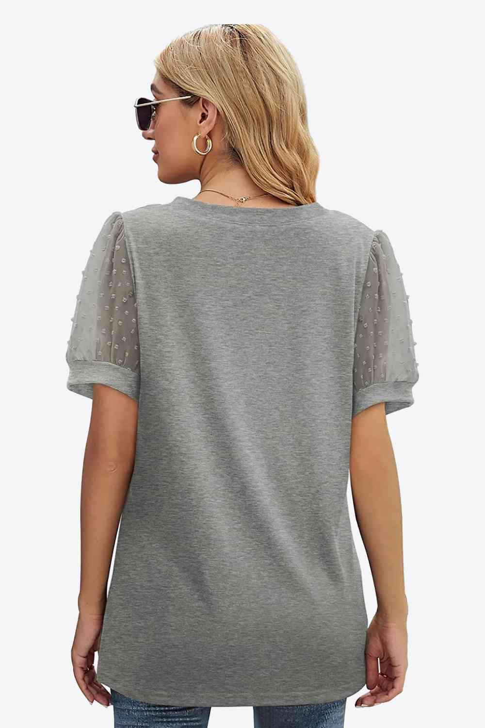 Get trendy with Swiss Dot Puff Sleeve V-Neck Tee - T-Shirt available at Styles Code. Grab yours today!
