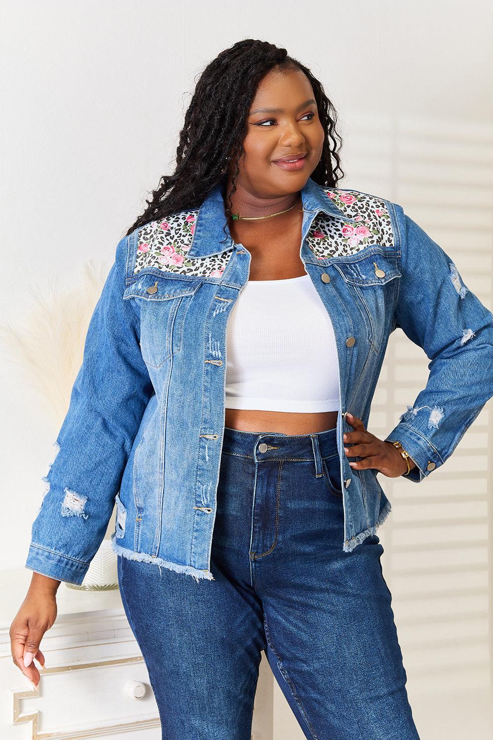 Get trendy with Floral Distressed Denim Jacket - Denim Jacket available at Styles Code. Grab yours today!