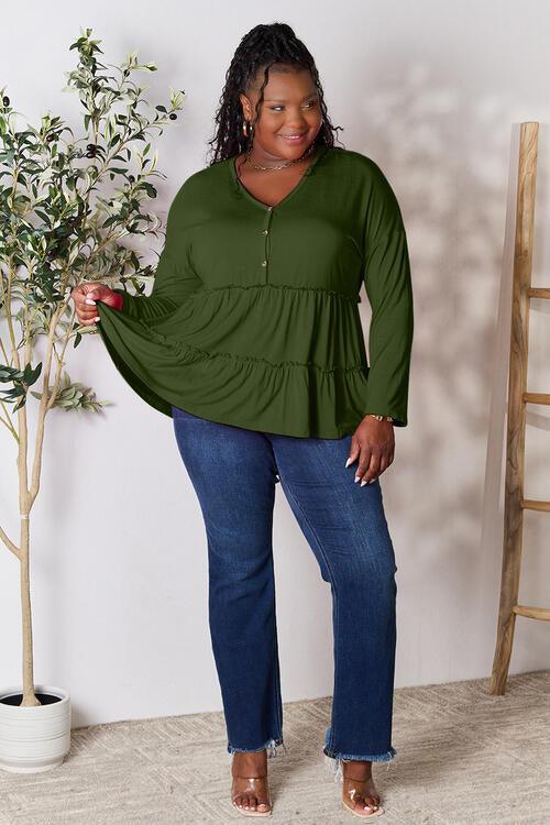 Get trendy with Half Button Ruffle Hem Blouse - Blouse available at Styles Code. Grab yours today!