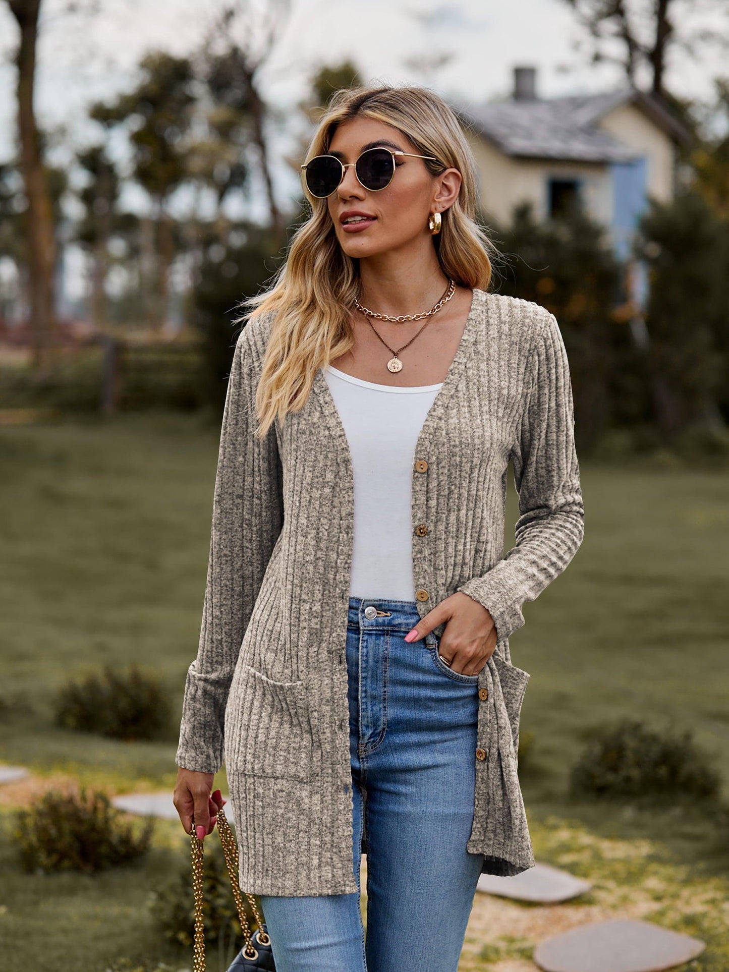 Get trendy with Ribbed Button-UP Cardigan with Pockets - Tops available at Styles Code. Grab yours today!