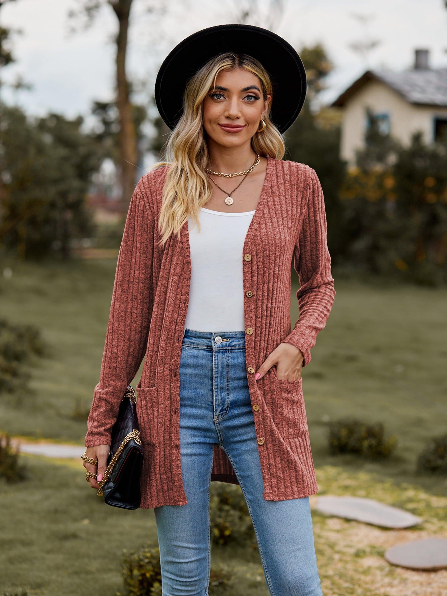 Get trendy with Ribbed Button-UP Cardigan with Pockets - Tops available at Styles Code. Grab yours today!