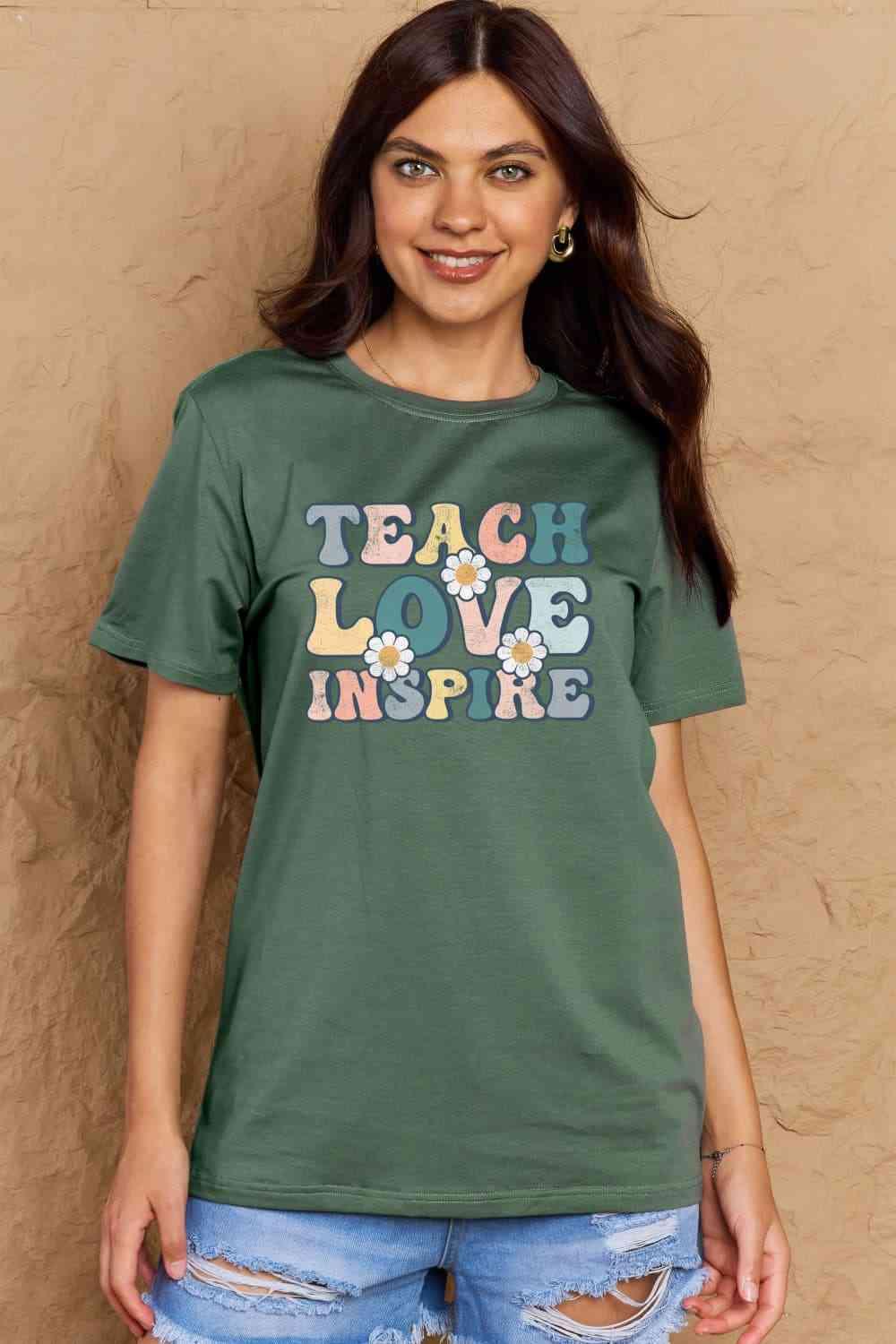 Get trendy with Full Size TEACH LOVE INSPIRE Graphic Cotton T-Shirt - T-Shirt available at Styles Code. Grab yours today!