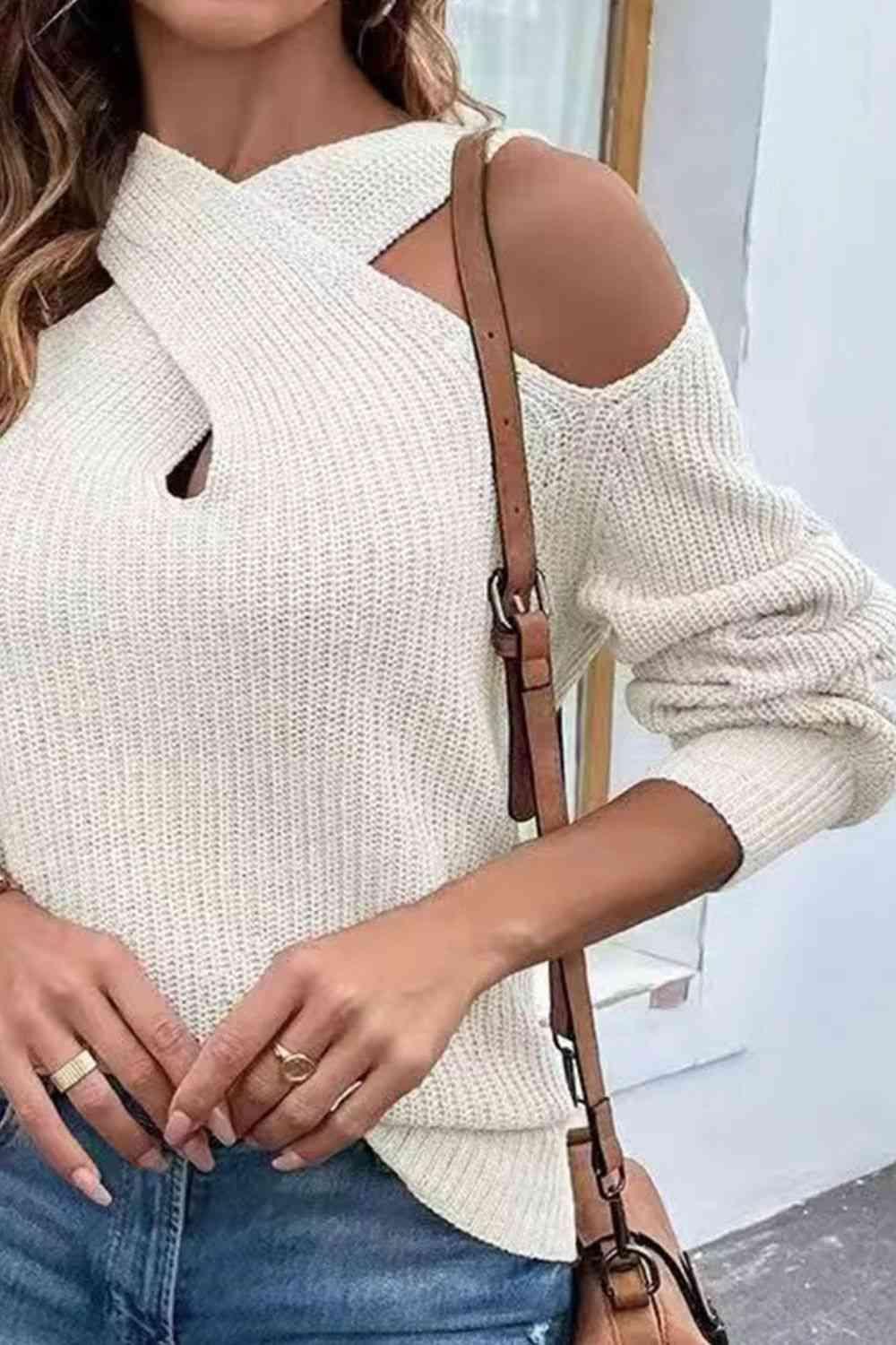 Get trendy with Crisscross Cold-Shoulder Sweater - Sweater available at Styles Code. Grab yours today!