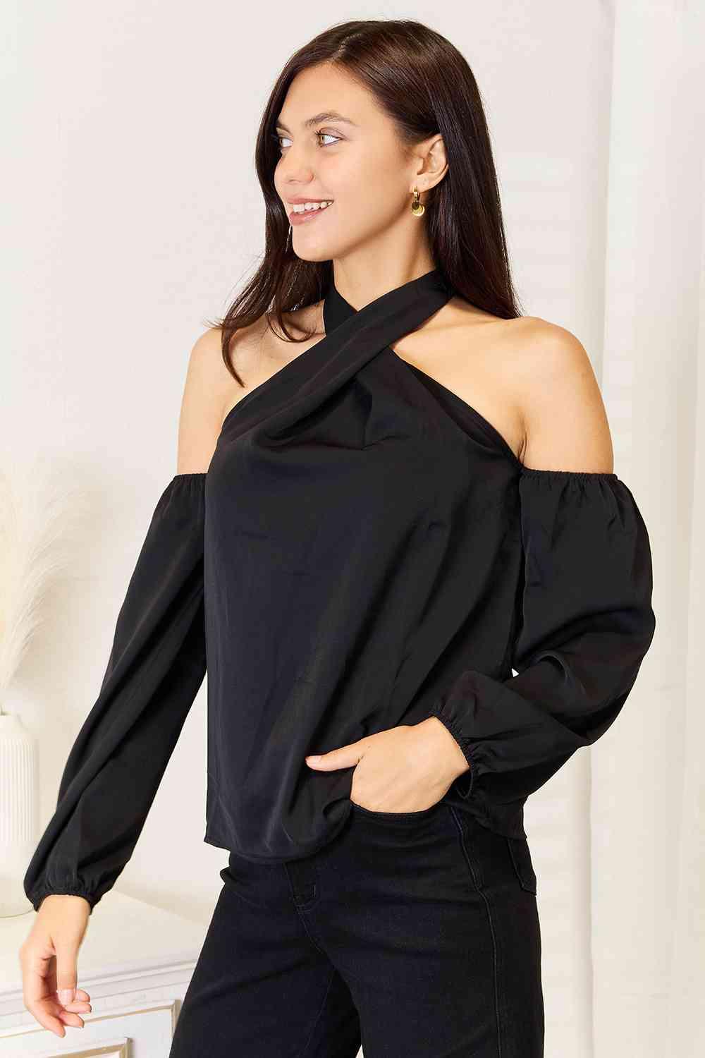 Get trendy with Cold Shoulder Long Sleeve Blouse - Blouse available at Styles Code. Grab yours today!