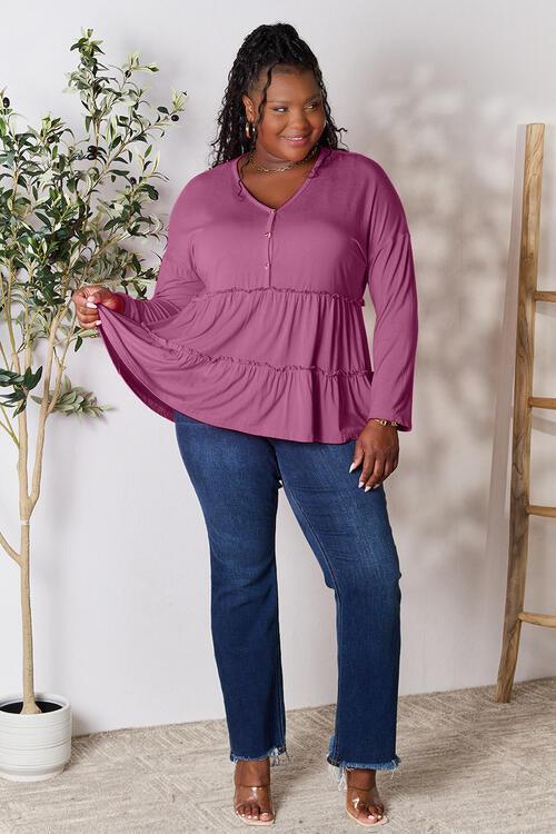 Get trendy with Half Button Ruffle Hem Blouse - Blouse available at Styles Code. Grab yours today!