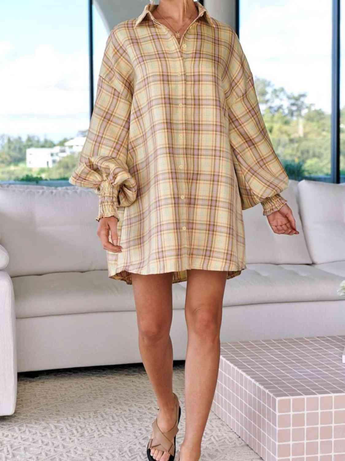 Get trendy with Plaid Lantern Sleeve Shirt - Shirt available at Styles Code. Grab yours today!