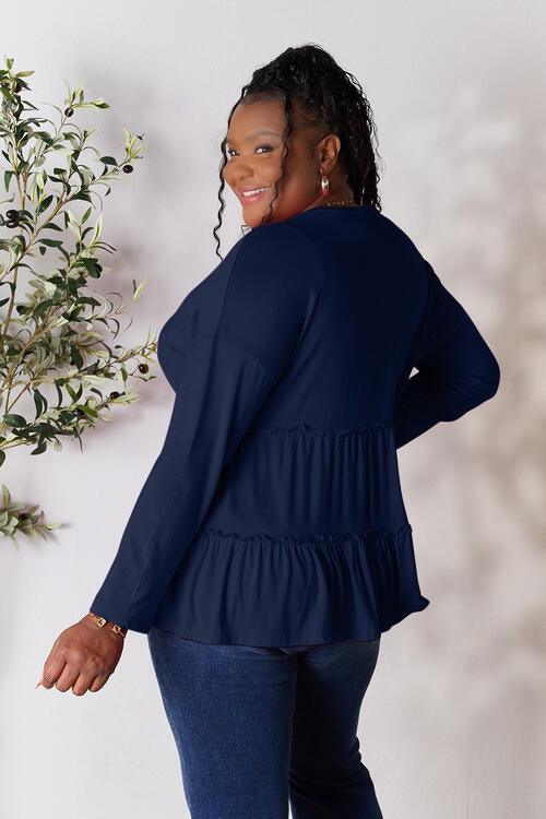 Get trendy with Half Button Ruffle Hem Blouse - Blouse available at Styles Code. Grab yours today!