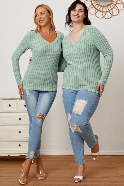 Get trendy with Full Size Ribbed V-Neck Long Sleeve T-Shirt - available at Styles Code. Grab yours today!