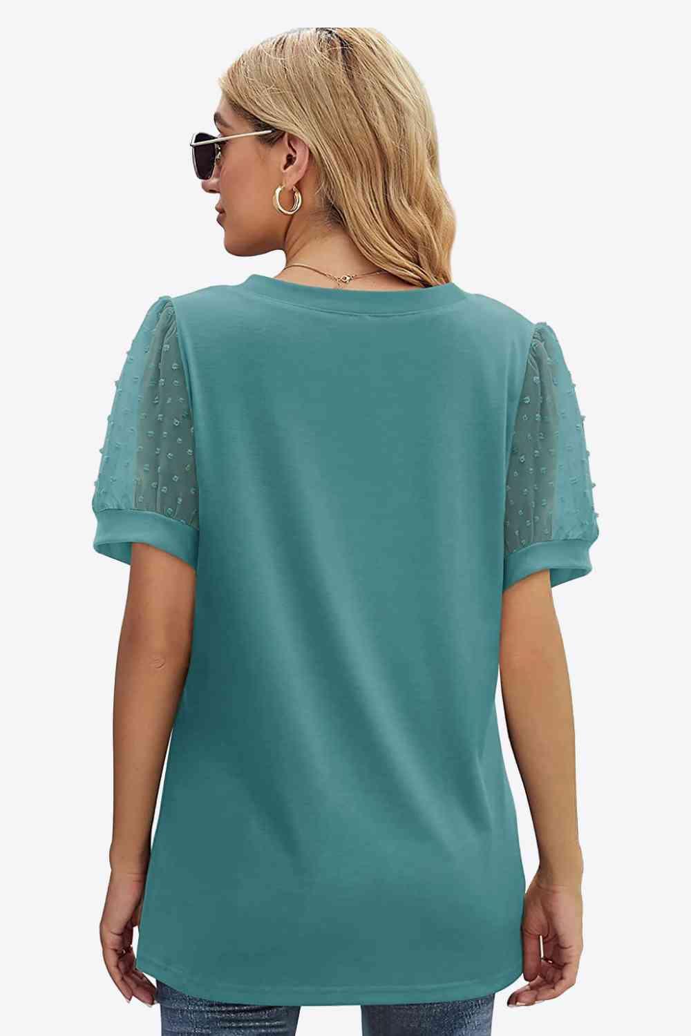 Get trendy with Swiss Dot Puff Sleeve V-Neck Tee - T-Shirt available at Styles Code. Grab yours today!